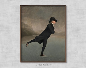 Vintage Dark Winter Wall Art | Gentleman Skating PRINTABLE Art | Moody Neutral Holiday Decor