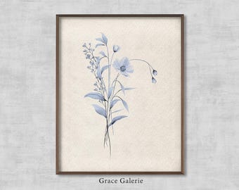 Blue Botanical Floral Wall Art | Minimalist Wall Art | Farmhouse Decor | PRINTABLE Digital Download