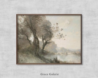 Muted Green Landscape Art Print | Riverside Painting | Soft Tones PRINTABLE Digital