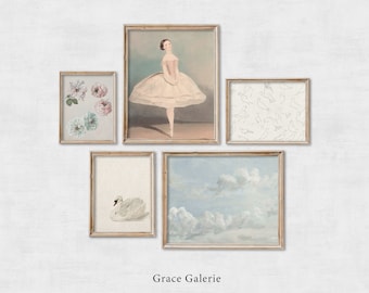 Arte de pared de galería de guardería vintage / Juego de 5 / Habitación de niñas en rosa suave / IMPRIMIBLE digitalmente