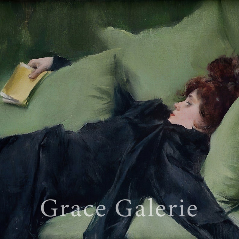 May include: A woman in a black dress lies on a green couch with a book in her hand. The painting is titled "Grace Galerie".