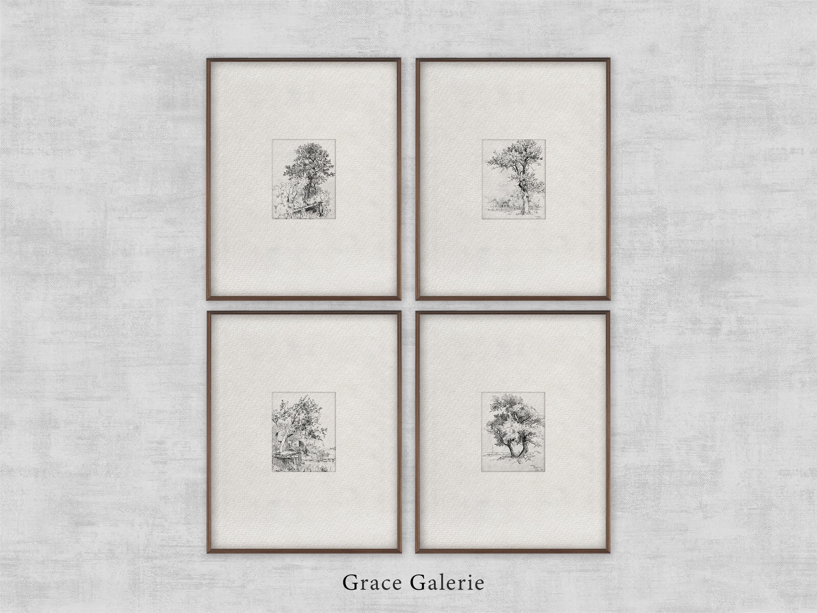 4-er Set | Vintage Galerie-Set | Baum Skizzen | Neutralgraue Wandkunst | Bauernhaus Dekor | DRUCKBARE Digital Download