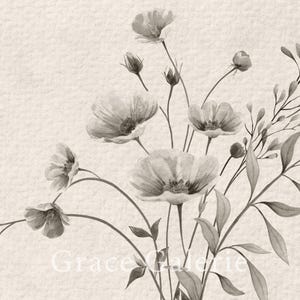 K&ouml;nnte beinhalten: Ein Schwarzwei&szlig;-Aquarellbild eines Blumenstrau&szlig;es mit zarten Stielen und Bl&auml;ttern. Die Blumen sind in voller Bl&uuml;te und haben eine sanfte, romantische Ausstrahlung.