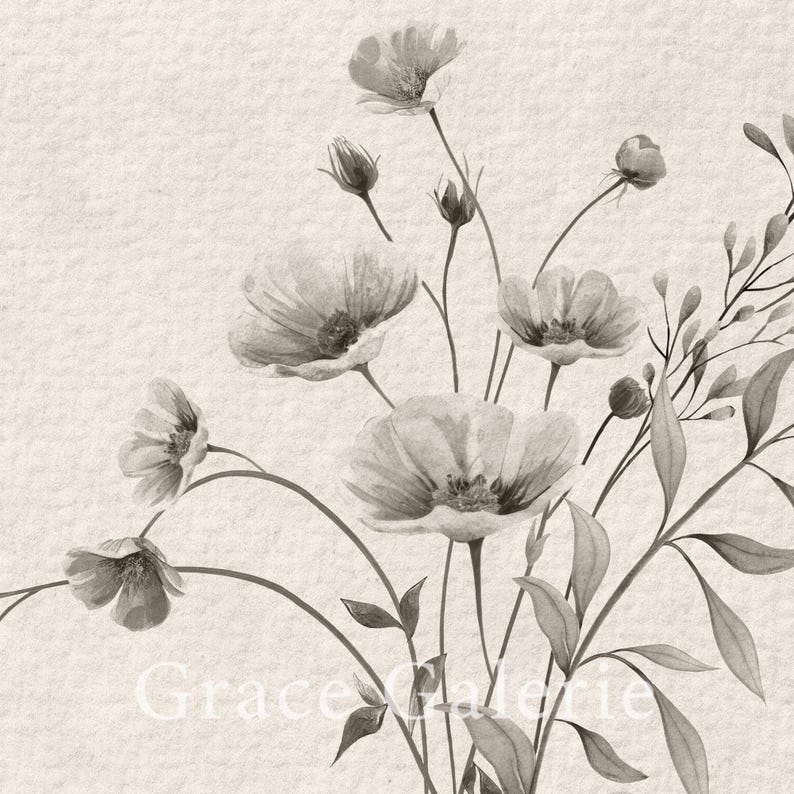K&ouml;nnte beinhalten: Ein Schwarzwei&szlig;-Aquarellbild eines Blumenstrau&szlig;es mit zarten Stielen und Bl&auml;ttern. Die Blumen sind in voller Bl&uuml;te und haben eine sanfte, romantische Ausstrahlung.