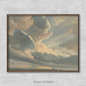 Pode incluir: Uma pintura emoldurada que retrata um céu nublado com um esquema de cores azul claro, cinza e branco. As nuvens são sobrepostas e parecem mover-se pelo céu. O horizonte é visível à distância, com um toque leve de verde e castanho.