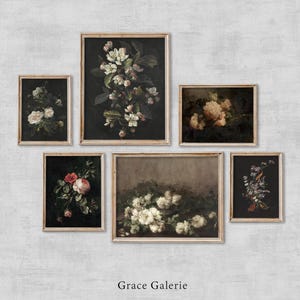 Puede incluir: Colecci&oacute;n de seis impresiones art&iacute;sticas florales enmarcadas. Las impresiones presentan varias flores en tonos blancos, rosas y amarillos sobre fondos oscuros. Los marcos son de color madera clara. El texto "Grace Galerie" est&aacute; en la parte inferior.