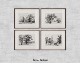 Vintage Galerie-Wand-Druck-Set | 4er-Set | Vintage Landschaft Skizze | Bäume | Vintage Radierung | Bauernhaus-Deko | Digital DRUCKBAR