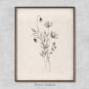 Vintage Botanical | Rustic Floral Art | Black and White Vintage Flower | Farmhouse Decor | Vintage Sketch Art | Soft Deco | Printable Art