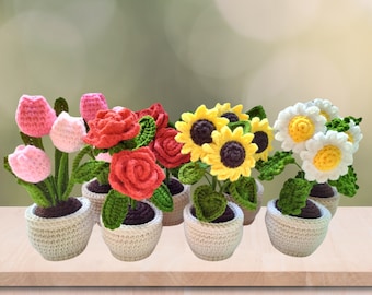 Crochet Potted Flower | Crochet Flowers | Crochet Plants | Tulips | Rose | Daisy | Sunflower | Crochet | Handmade | Gift for her | Flowers