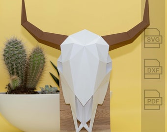 Bull Skull Head - 3D Plotter File + Instructions (Paper Craft) - SVG, DXF, PDF - For Cricut, Silhouette & Brother Cutters