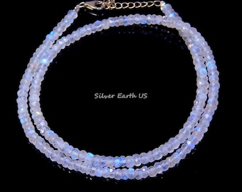 AAA+ White Rainbow Moonstone Beaded Necklace, Blue Fire Rondelle Beads Bracelet, Blue Flashy Gemstone Chunky Necklace, Necklace For Women's