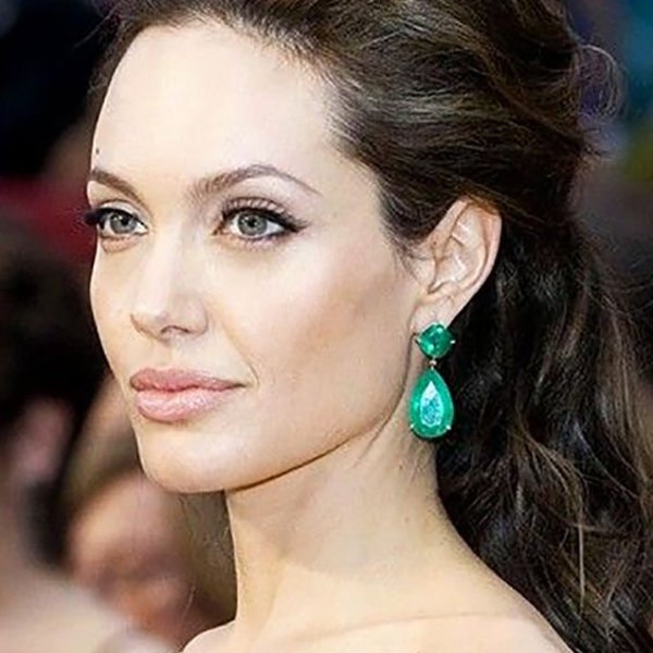 Inspirado por Angelina Jolie pendientes de esmeralda simulada verde vibrante, pendiente de borla larga esmeralda verde vivo, joyería Bestseller, Hollywood