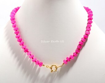 Beautiful Hot Pink Chalcedony Necklace, 8mm Magenta Plain Quartz Beaded Necklace, Hand Knotted Jewelry, Candy Gem Necklace, Women's Necklace
