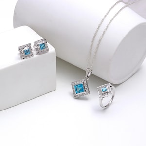 Blue Topaz Handmade Jewelry Set, Natural Gemstone Sterling Silver Ring Earring Pendant Set, December Birthstone Jewelry, Birthday Gift