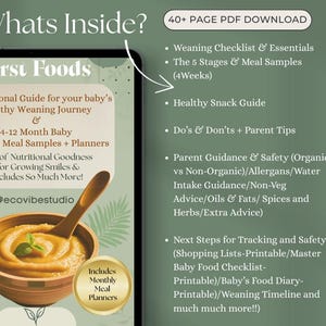 Baby Weaning Guide: 4-12 Months, First Foods & Checklist (Digital Download, 40+ Pages)
