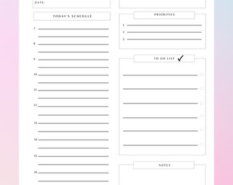 Puede incluir: Un planificador diario imprimible con secciones para el horario de hoy, prioridades, lista de tareas y notas. El planificador tiene un diseño simple con un corazón en la parte superior y una marca de verificación junto a la sección de la lista de tareas.