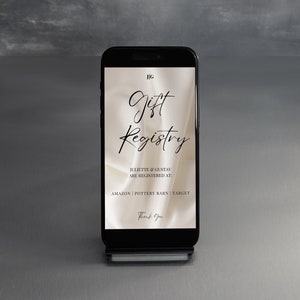 May include: A smartphone screen displaying a gift registry for Juliette & Gustav. The registry is available on Amazon, Pottery Barn, and Target. The text "Thank You" is displayed at the bottom of the screen.