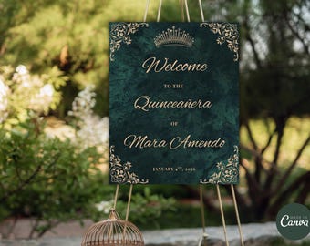 Emerald Green Quinceañera Welcome Sign Template: Elegant Customizable PDF
