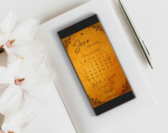 Plantilla de calendario dorado para guardar la fecha: Anuncio de boda editable (digital)