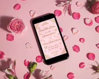 Digital Pink & Gold Quinceanera Save the Date Template
