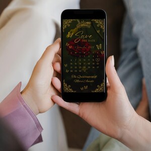 May include: A smartphone screen displaying a digital Save the Date invitation with a dark background, red roses, gold butterflies, and a crown. The text reads Save the Date, November 2026, and The Quinceanera of Mara Amode, featuring a calendar grid.
