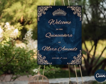 Mall för marinblå Quinceañera-välkomstskylt: Elegant anpassningsbar PDF