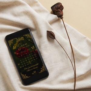 May include: A smartphone displaying a digital Save the Date calendar invitation with a dark green background, a red rose, gold butterfly accents, and text reading Save the Date, November 2024, and The Quinceanera of Mara Amato.