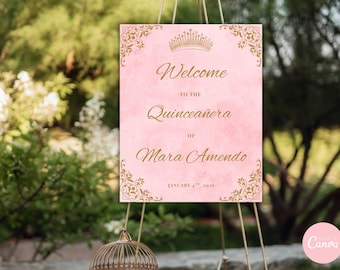 May include: A pink welcome sign for a Quinceañera, featuring gold script and decorative accents. The sign includes the text "Welcome to the Quinceañera of Mara Amendo" and the date "January 4th, 2026". The sign is displayed on a gold easel.