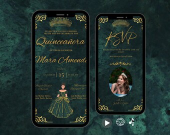 Digital Emerald & Gold Quinceanera Invitation Template