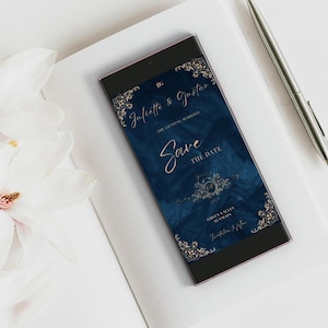 Digital Navy Blue Save The Date, electronic royal blue save the date, Editable dark blue save the date, blue wedding save the date template