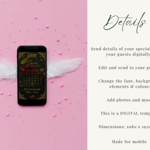 May include: A black smartphone displaying a digital Save the Date invitation with a dark floral and butterfly design, positioned between two white feathers. The screen shows calendar text and names. The text on the right lists digital template details.