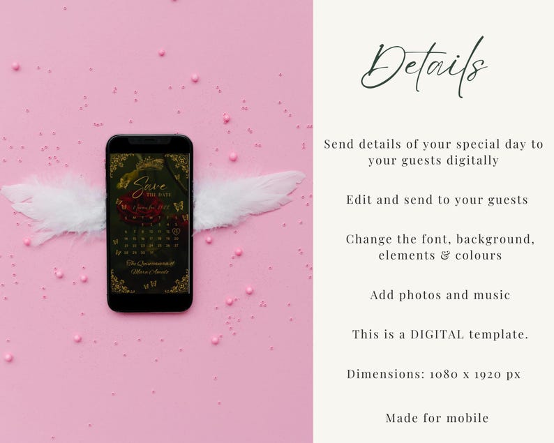 May include: A black smartphone displaying a digital Save the Date invitation with a dark floral and butterfly design, positioned between two white feathers. The screen shows calendar text and names. The text on the right lists digital template details.