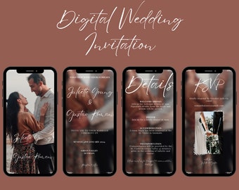 Puede incluir: Una invitación de boda digital con una foto borrosa de una pareja en la parte delantera. La invitación incluye los nombres de la pareja, la fecha de la boda, la ubicación y la información de RSVP.