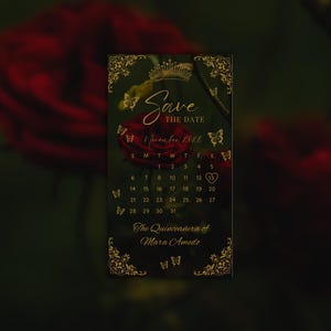 May include: A rectangular Save the Date card for November 2026 featuring a dark green background with gold filigree corners, a crown icon, and butterfly accents. The text reads Save the Date, November 2026, and The Quincea&ntilde;era of Mara Amedo.