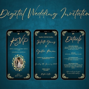 Digital blue wedding invitations, blue evite, electronic wedding invitation, blue wedding invitation template, gold wedding invite bundle