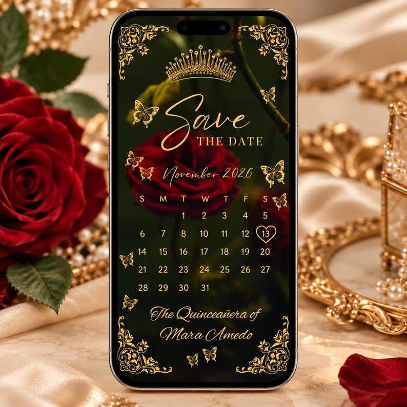 May include: A smartphone screen displaying a Save the Date calendar for November 2026, featuring a dark background with gold butterfly accents, a crown icon, and the text The Quincea&ntilde;era of Mara Amedo, with the 13th circled in a heart.