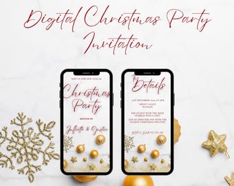 May include: Digital Christmas Party Invitation. Two smartphones display Christmas party details, with gold ornaments and snowflakes. The text includes party details and the hosts' names. Gold star and snowflake decorations are scattered around the phones.
