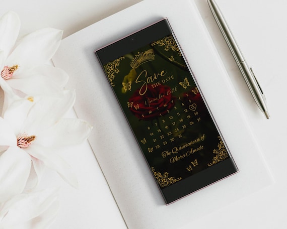 Digital Gold Fairytale Rose Quinceanera Save the Date Calendar