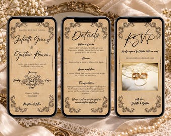 Op de afbeelding: Drie smartphones tonen digitale trouwuitnodigingssjablonen op een achtergrond in vintage perkamentstijl met sierlijke zwarte bloemenranden. De schermen tonen tekst voor Juliette Young en Gustav Roman, evenementdetails en een RSVP-sectie.