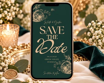 May include: A smartphone screen displaying a dark green digital save the date card with gold text reading Juliette & Gustav, SAVE THE DATE, 09.11.2025, GREEN VALLEY, SUNMAIN, and Invitation to follow, decorated with gold floral line art illustrations.