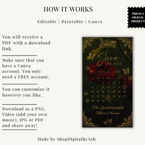 May include: A digital Save the Date calendar template for November 2026 featuring a red rose, gold butterflies, and a crown graphic. The text reads Save the Date, November 2026, and The Quinceanera of Mara Amedo. Includes instructions for Canva.