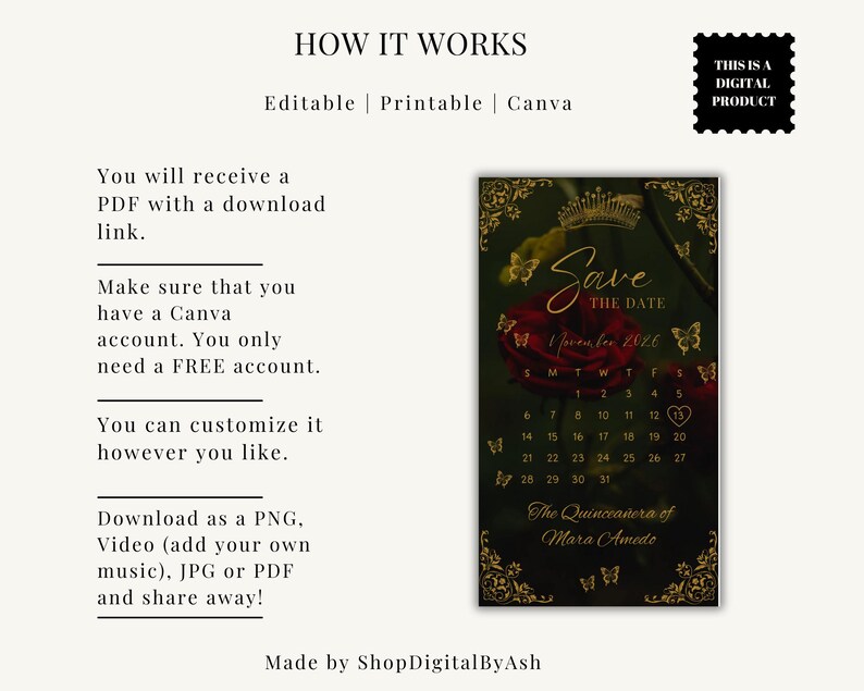 May include: A digital Save the Date calendar template for November 2026 featuring a red rose, gold butterflies, and a crown graphic. The text reads Save the Date, November 2026, and The Quinceanera of Mara Amedo. Includes instructions for Canva.