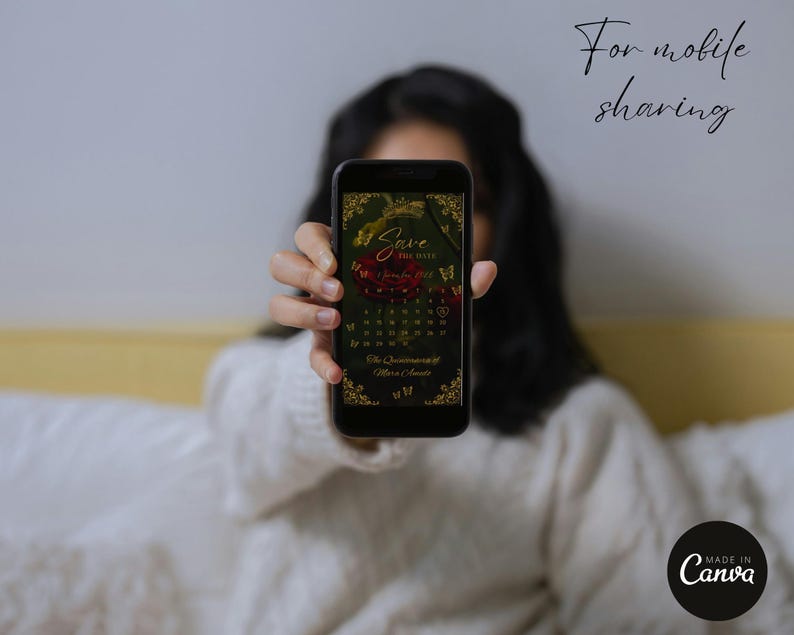 May include: A smartphone displaying a digital Save the Date invitation with a dark background, red roses, and gold butterfly accents. The text reads Save the Date, November 2024, and The Quinceanera of Mara Amate, featuring a calendar grid.