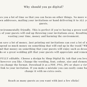 May include: A digital informational graphic with black text on a light background titled Why should you go digital? The text outlines benefits of digital invitations, including time savings, environmental impact, cost efficiency, and editability.