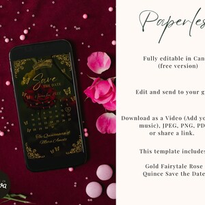 May include: A smartphone displaying a digital Save the Date invitation template with a dark background, gold crown, butterfly accents, and a red rose. The screen shows the text Save the Date, a calendar, and The Quinceanera of Mara Amedz.