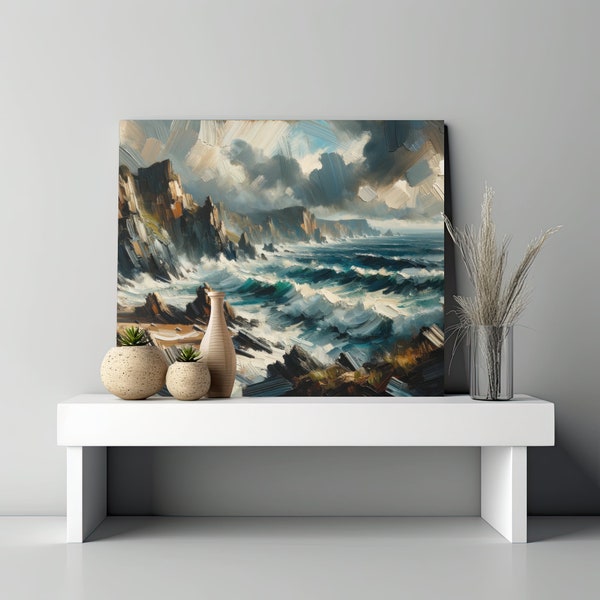 Seascape Oil Painting | Ocean Landscape Art | Antique Coastal Print | Printable Art | Digital Art Print | Ocean Waves Art | Ocean Art Print