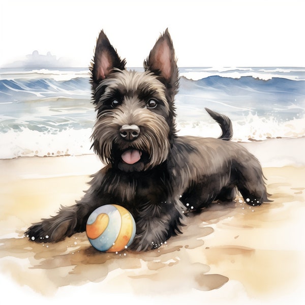 Art numérique imprimable chien Scottie - Terrier écossais PNG décor côtier