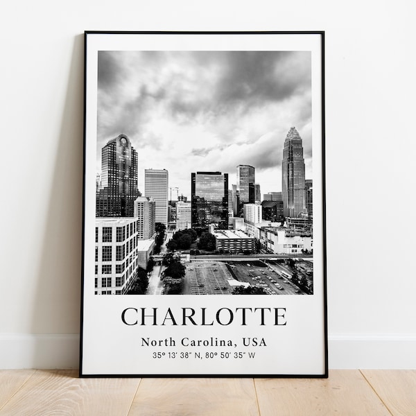 Affiche de Charlotte, Charlotte Skyline, Affiche de Caroline du Sud, Point de repère de la ville en noir et blanc, Coordonnées de la ville des États-Unis