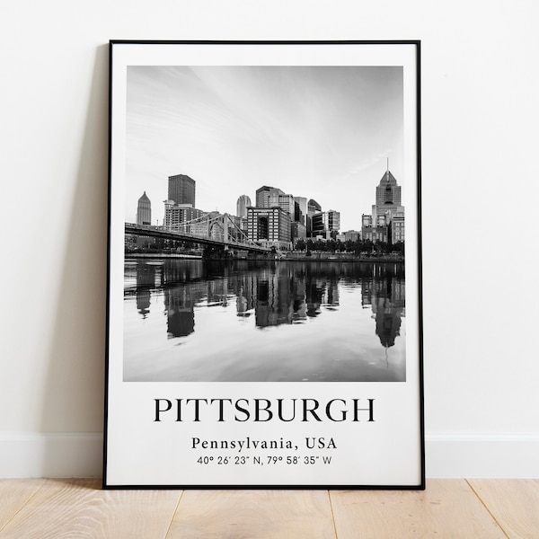 Affiche de Pittsburgh, Skyline de Pittsburgh, affiche de Pennsylvanie, monument de la ville en noir et blanc, coordonnées des États-Unis, Amérique du Nord