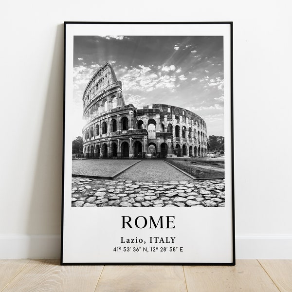 Affiche de Rome, photo de Rome, affiche du Latium Italie, monument de la ville en noir et blanc, coordonnées de la ville d’Italie, photo d’Europe